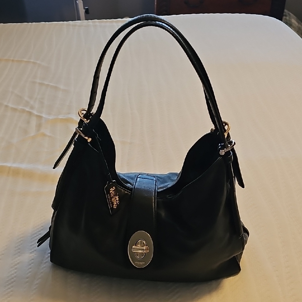 Coach Black Leather Hobo Bag with Turnlock Detail